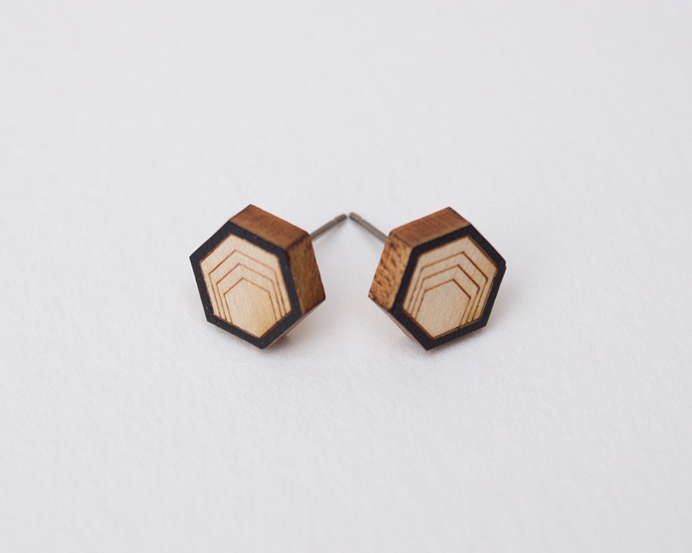 Wood Stud Earrings Hexagon Stud Earrings Wooden Stud Etsy