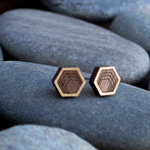 Hexagon studs, Wooden Earrings, Stud Earrings, Men's earrings, geometric earrings, 10mm stud earrings