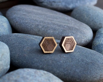Hexagon studs, Wooden Earrings, Stud Earrings, Men's earrings, geometric earrings, girlfriend gift, wood anniversary, boyfriend gift