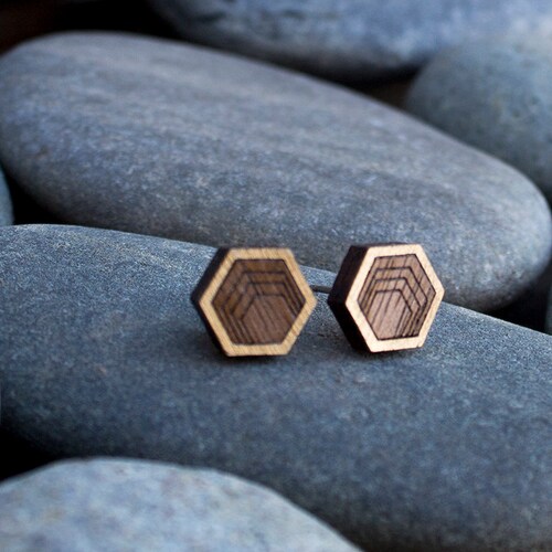Hexagon Studs Wooden Earrings Stud Earrings Men's Etsy