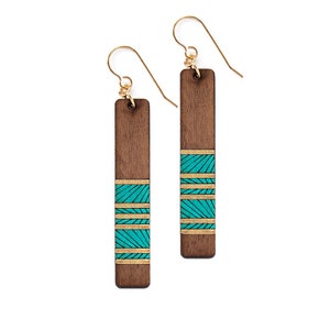 Wood Earrings, long geometric Earrings, Laser Cut Earrings Teal / walnut wood