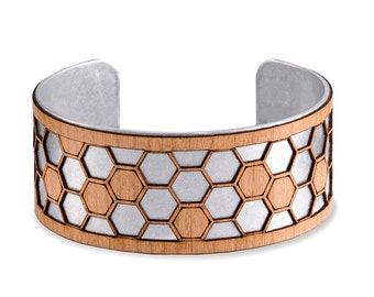 Wooden cuff bracelet, 5th anniversary gift, beekeeper gift, honeycomb jewelry, geometric bracelet, hexagon bracelet