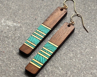 Wood Earrings, long geometric Earrings, Laser Cut Earrings