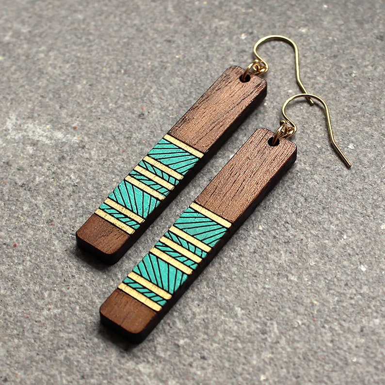 Wood Earrings, long geometric Earrings, Laser Cut Earrings image 1