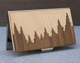 Forest business card case, wooden business card holder, personalized graduation gift, mountain wedding gift