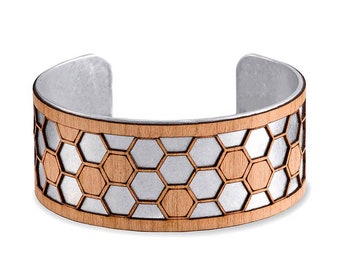 Honeycomb Wooden Cuff Bracelet - Bee Lover Gift - Geometric Hexagon Bracelet