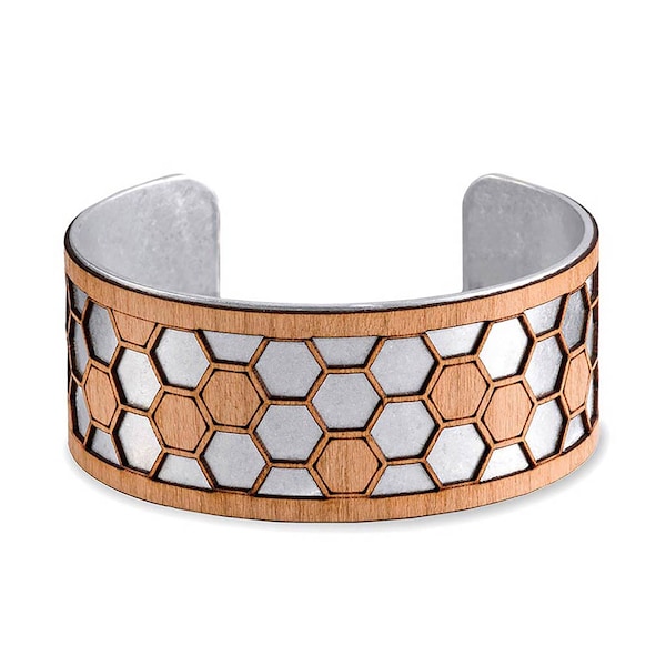 Honeycomb Wooden Cuff Bracelet - Bee Lover Gift - Geometric Hexagon Bracelet