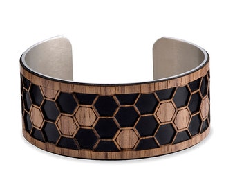 5th anniversary gift, beekeeper gift, honeycomb jewelry, geometric bracelet, hexagon bracelet, Wood cuff bracelet