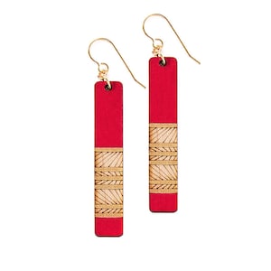 Wood Earrings, long geometric Earrings, Laser Cut Earrings Red