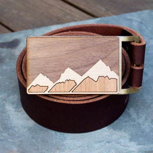 Mountain Belt Buckle, Wooden Belt Buckle, Cool Belt Buckle for Men, Handmade in USA