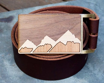 Mountain Belt Buckle, Wooden Belt Buckle, Cool Belt Buckle for Men, Handmade in USA