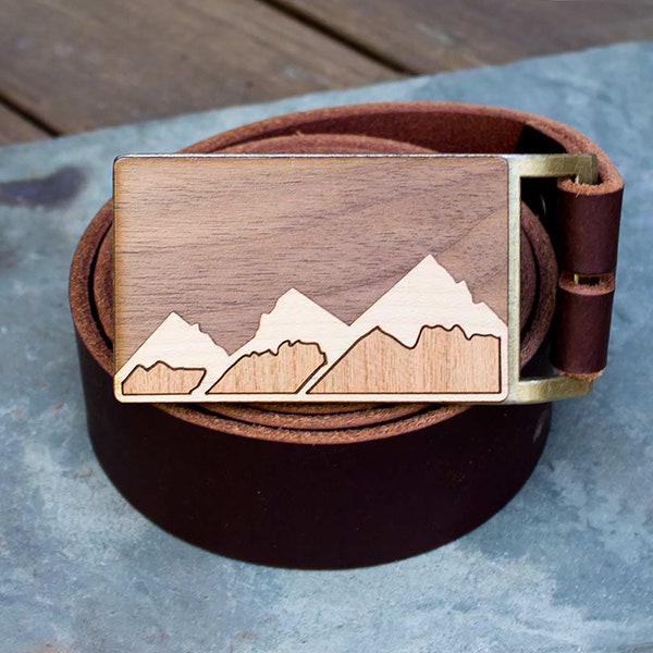 Mountain Belt Buckle, Wooden Belt Buckle, Cool Belt Buckle for Men, Handmade in USA