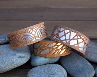 Leaf jewelry, Yoga Jewelry, Yoga gift, Wood Bracelet, Wooden Bracelet, Nature Jewelry, Wood Cuff bracelet, Laser cut wood, nature gift