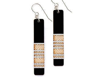 Lines Earrings, Wood Earrings, Laser Cut Earrings, Wooden Jewelry, Black Earrings, Geometric Earrings, Gift for Girlfriend, Gifts Under 50