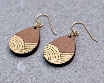 art deco earrings, Wood Earrings, Ocean Earrings, gold Earrings, wooden earrings, Gift for girlfriend