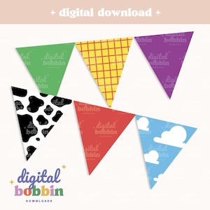 May include: A set of six triangular bunting flags featuring various patterns including solid green, yellow with a red grid, solid purple, black and white cow print, solid red, and light blue with white clouds. Text reads digital download.