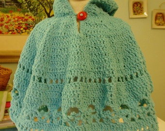 Chenille Baby Poncho w/ Hood in Turquoise, So Sweet & Soft, size12-18 month