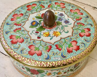 Daher Tin Box - Sewing Caddy - orange pink and green floral roses buds cottage sweet