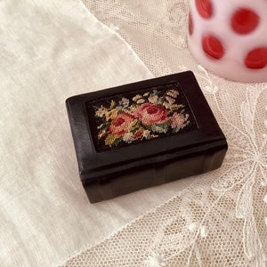 Little Leather Book Shaped Matchbox Vintage Vesta match holder w gobelin petit point leather covered matchbook antique 1930&#39;s