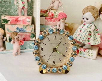 Working Blue Rhinestone Clock - Vintage Phinney Walker Alarm Clock