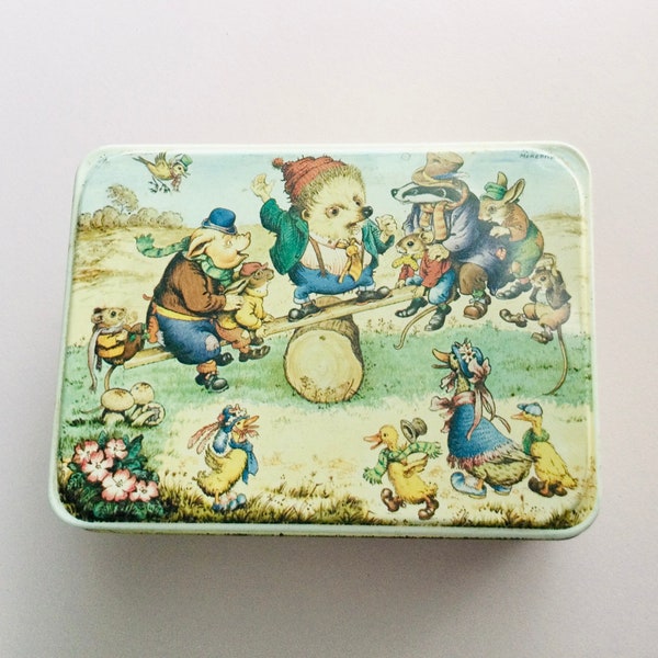 Norman Merideth tin with storybook Hedgehog, pigs, animals