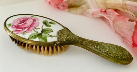 Vintage floral enamel metal gold hair brush Vintage Floral Hairbrush - Etsy main image 2