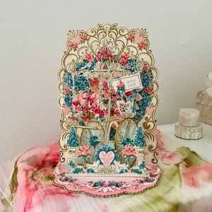 Tarjeta de felicitación efímera con relieve antiguo para San Valentín, troquelada 3D desplegable de los años 30, con sello distintivo para mamá y papá.