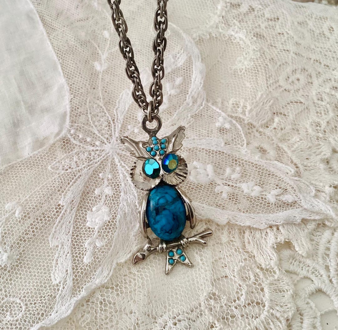 Pendentif Chouette/Hibou Vintage Avec Perle Turquoise - Argenté - Bijou Rétro N°5584 - Occasion TB état