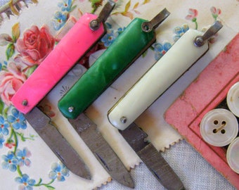 Tiny Miniature Pocket Knife, Pink - Green - White - Celluloid