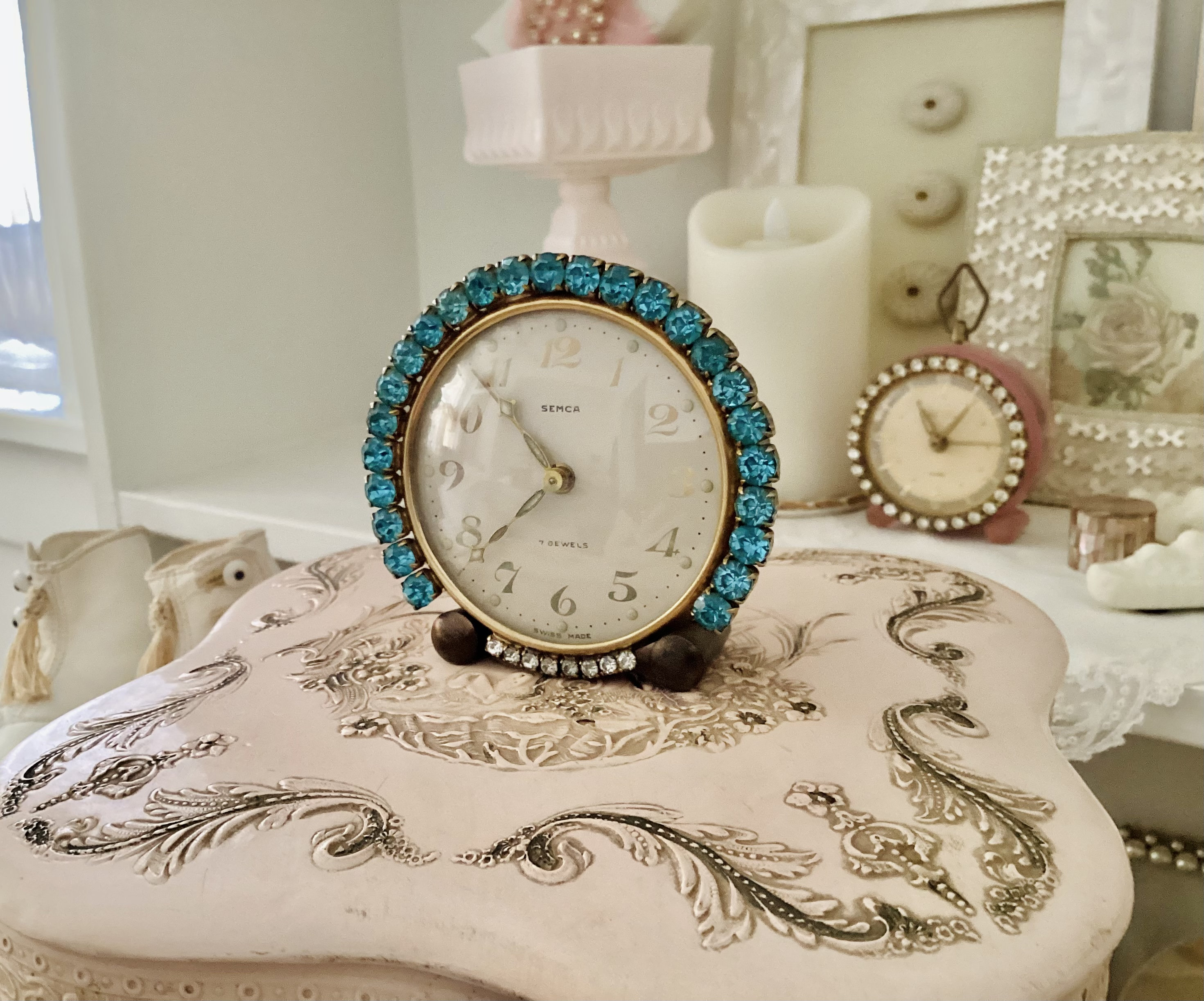 Vintage Semca Seven Jewels Alarm Clock With Aqua Blue Rhinestones