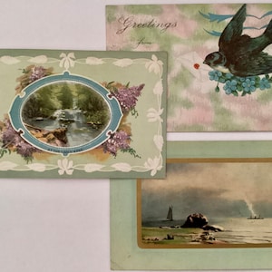 3 cartes postales, éphémères antiques, floral en relief, oiseau, salutations