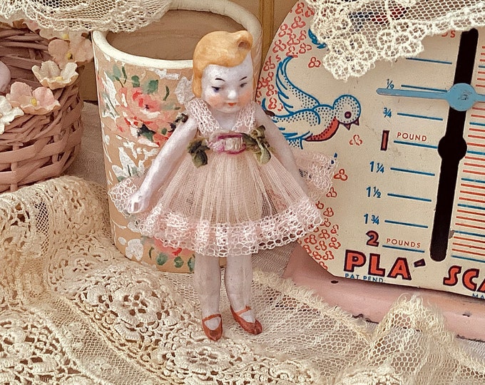 Antique Flapper Doll Miniature 1920’s Tiny, in Dress With Ribbon Rose ...