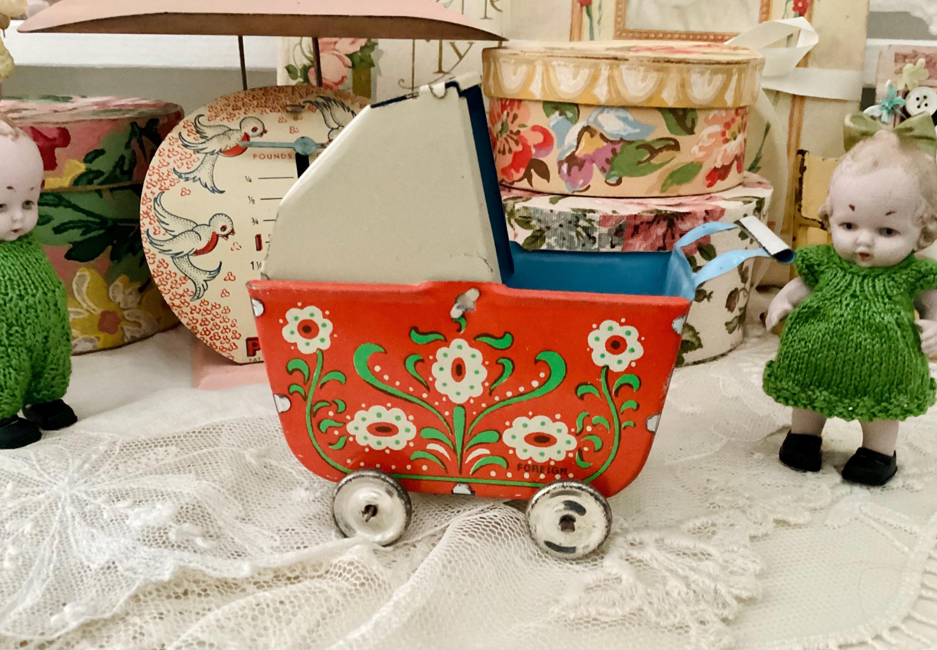 Antique German Stroller Buggy Pram for Miniature Baby Doll Tin