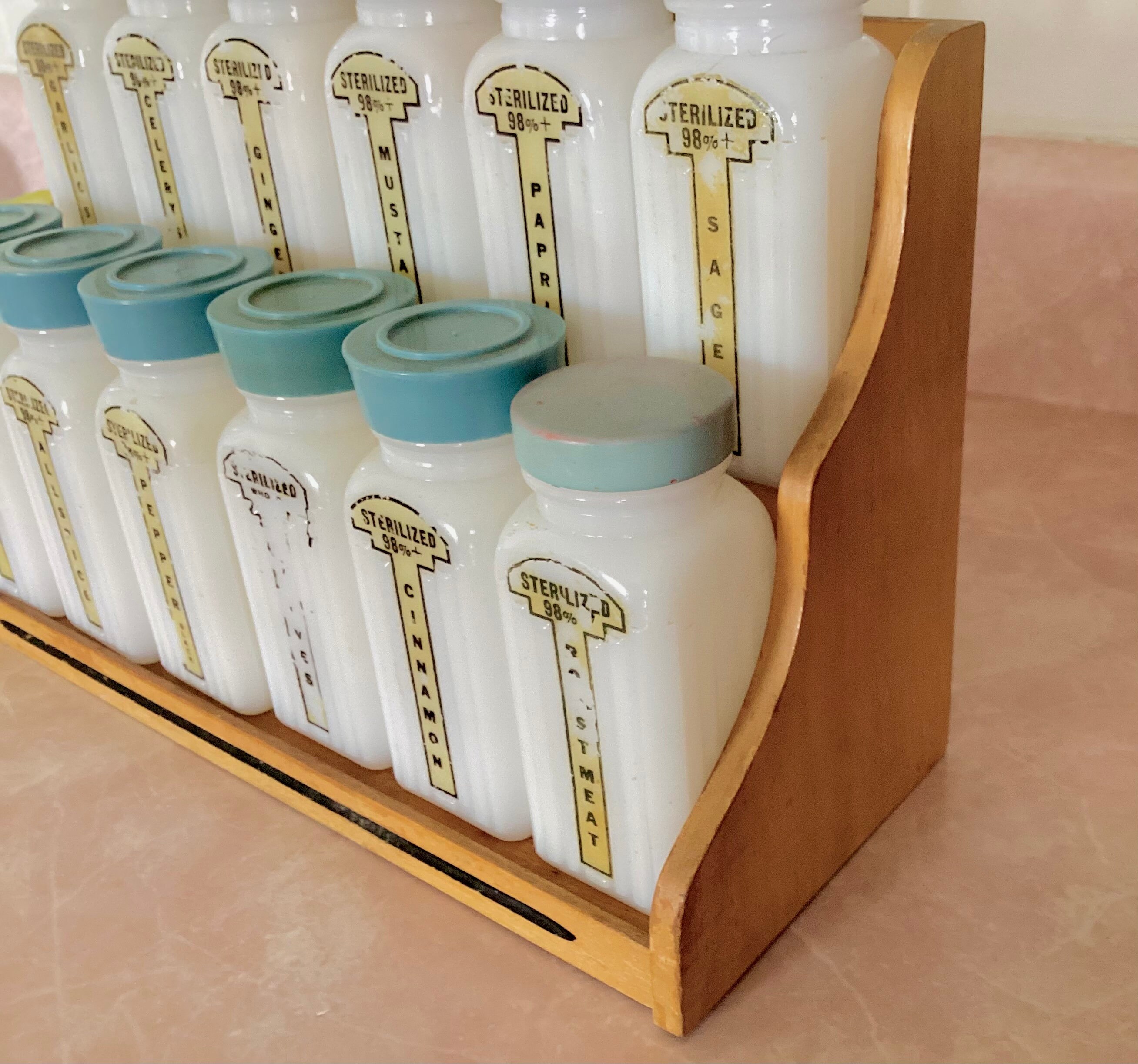 Beautiful, Griffith's Milk Glass/wooden Spice Set With Blue