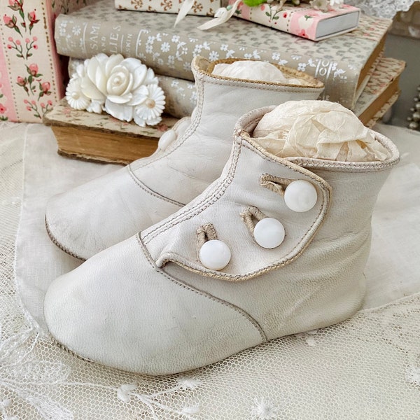 Precious High Button Baby Shoes, Antique White with Mother of Pearl Buttons