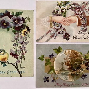 3 cartes postales, éphémères antiques, fleurs en relief, voeux de pensées, retours