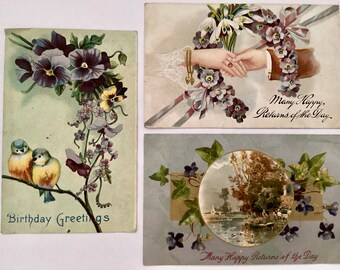 3 Post Cards, Antique Ephemera, Embossed Floral, Pansies Greetings, Returns