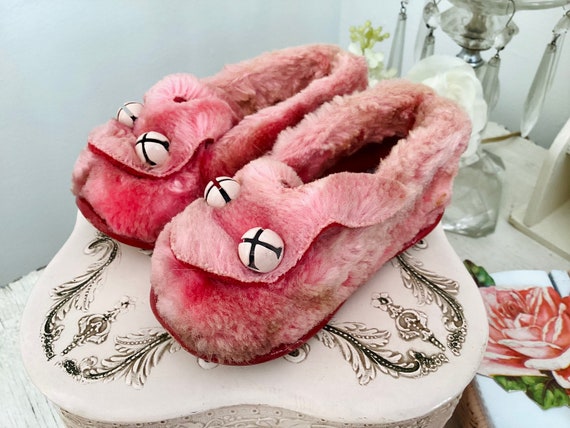 Vintage Pink Bunny Rabbit Slippers with Ginglebel… - image 2