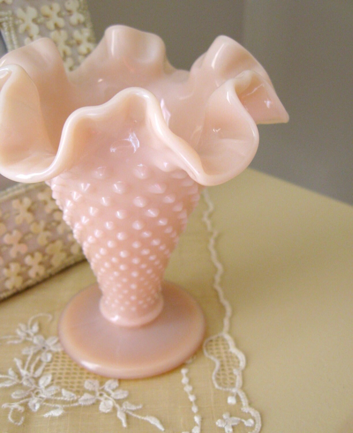 Fenton Pastel Pink Fenton Milk Glass Hobnail Trumpet Vase
