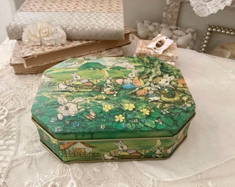 Tin Candy Box - pink and green with bunnies cottage sweet