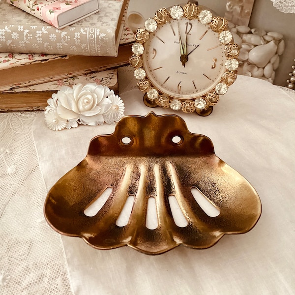 Brass Soap Dish, Slotted, Antique Kitchen or Bathroom, Clam Shaped