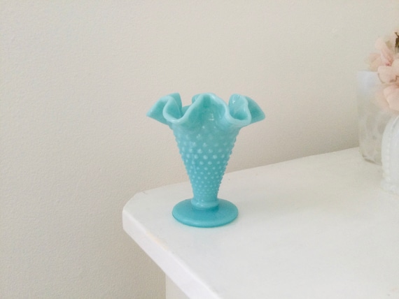 Fenton Aqua Blue Turquoise Fenton Milk Glass Hobnail Trumpet