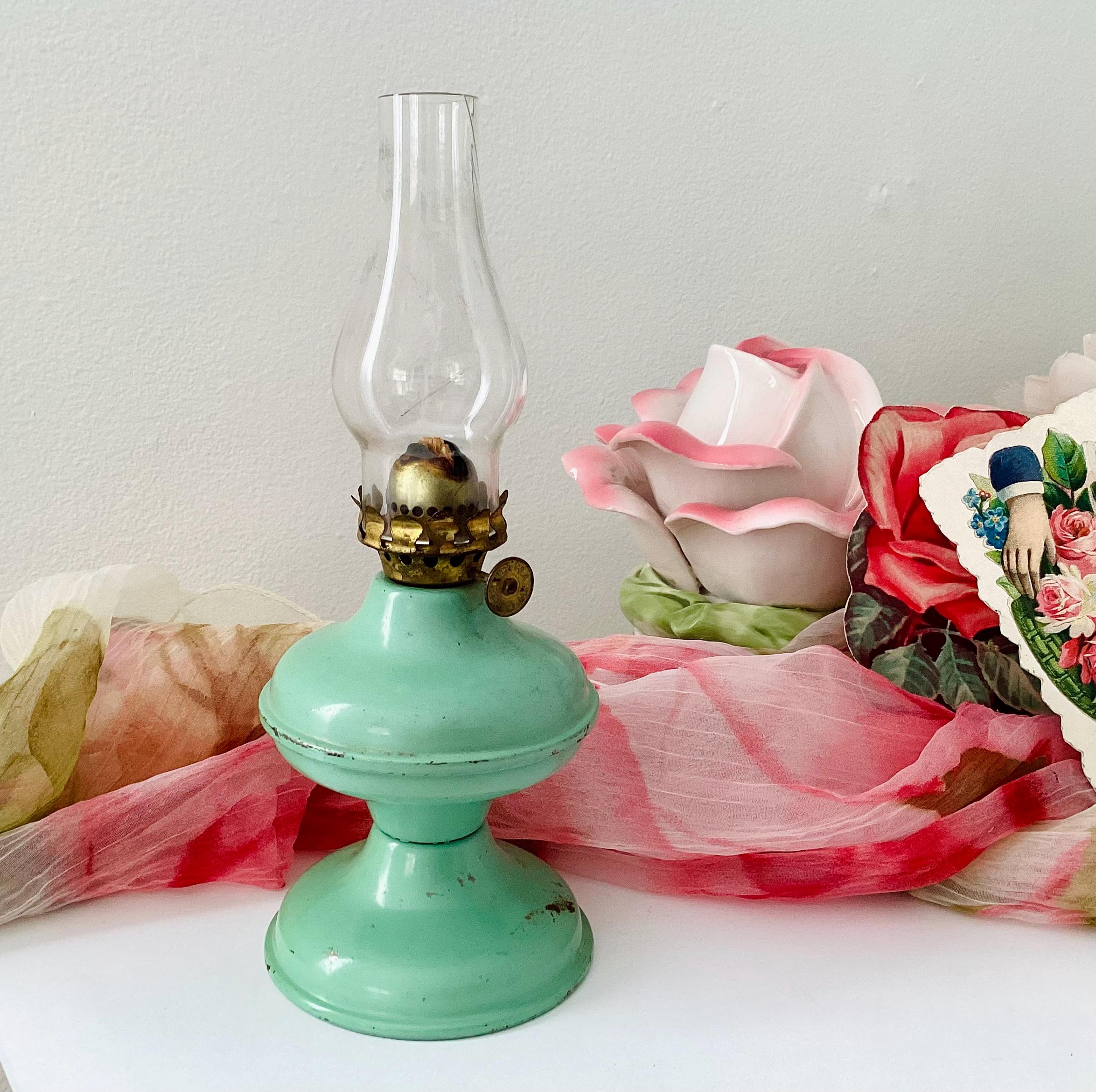 Antique Small Jadeite Green Tin Acorn Oil Lamp