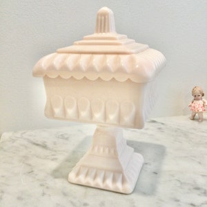 Pink Milk Glass Lidded Pedestal Candy Dish