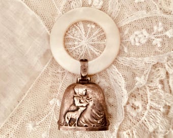 Embossed Little Girl with Lamb, Antique Sterling Silver and Mother of Pearl Baby Rattle