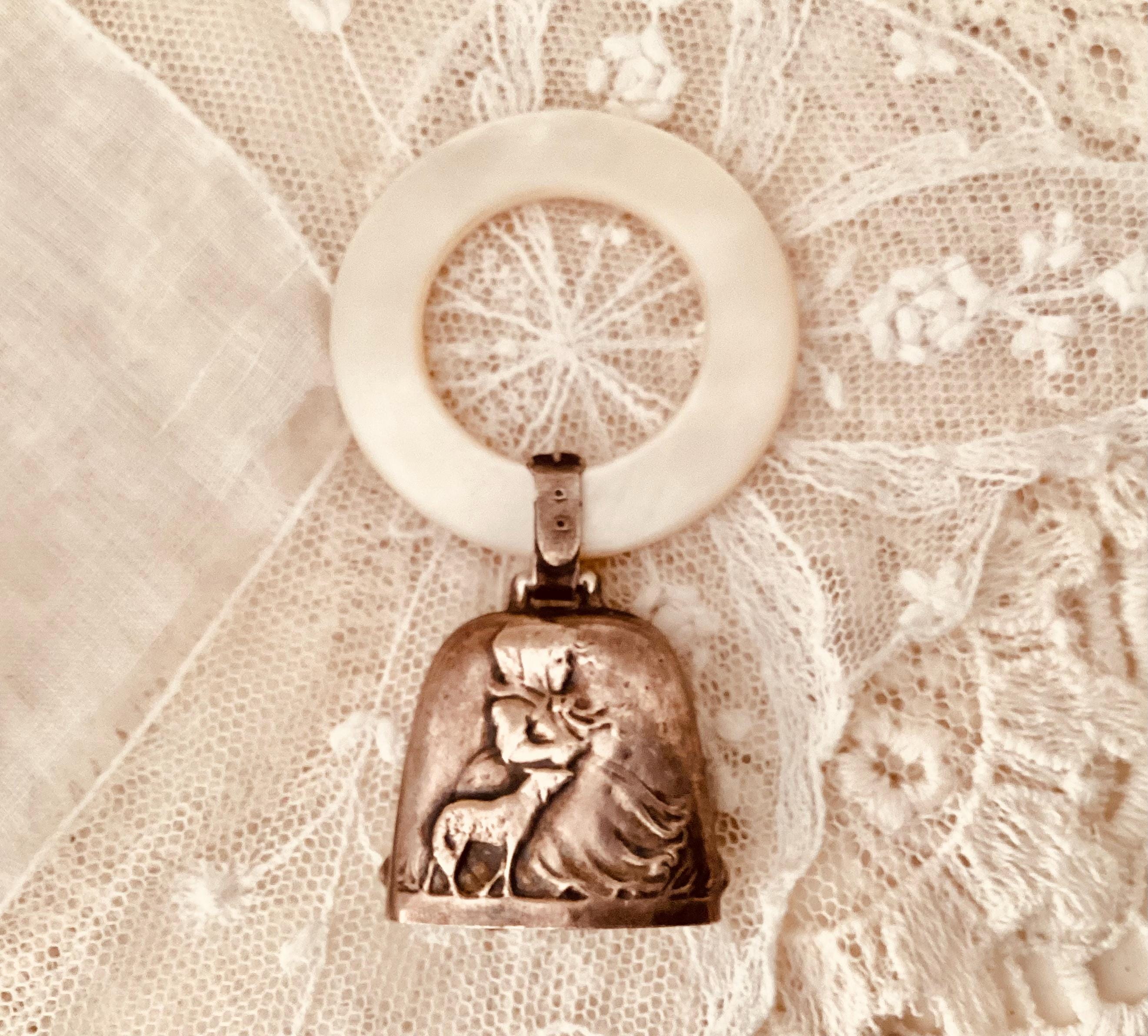 Embossed Little Girl With Lamb, Antique Sterling Silver and Mother