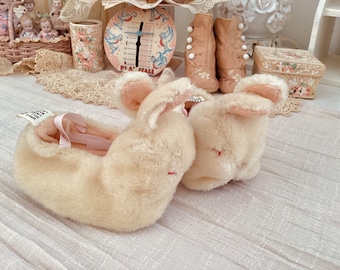 Pantuflas vintage de conejo de mohair para muñecas, bebés y niños pequeños