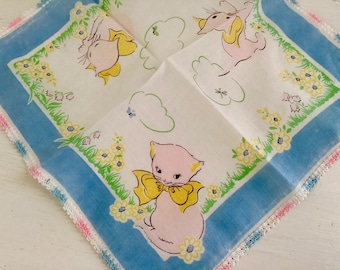 Roze katje zakdoek voor kinderen, blauw en groen met poesjes