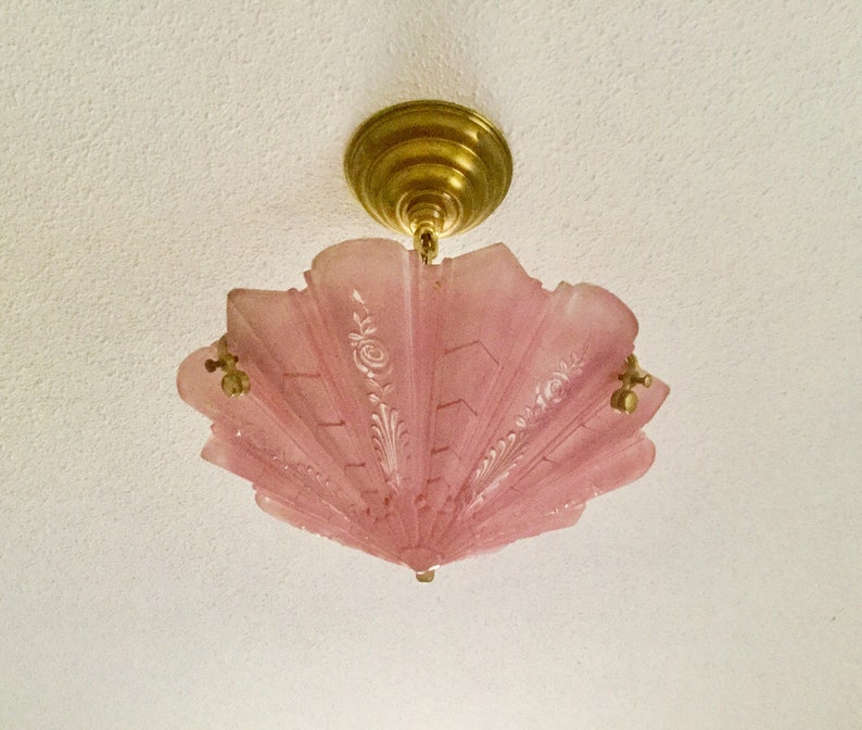 Antique Hanging Pink Shade Ceiling Light Fixture Etsy