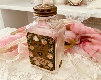 Antique Perfume Bottle, White Rose Sachet by Richard Hudnut, Gorgeous Rose Litho Label